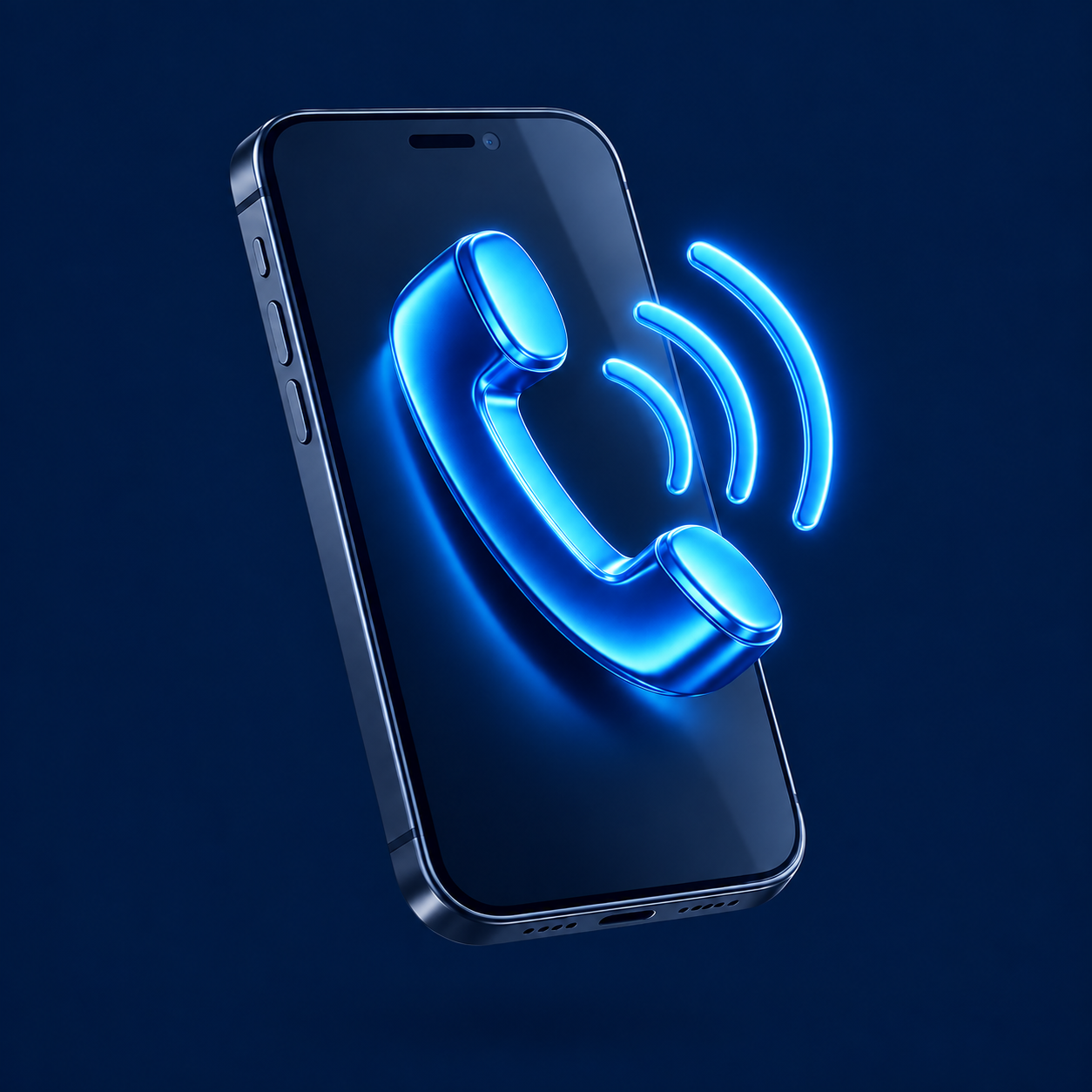 Blue telephone receiver and sound waves floating above a navy smartphone